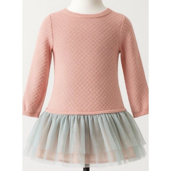 Bonnie Baby Pink Knit Tulle Dress 18M Textured Long Sleeve Rosette Detail - Picture 2 of 4